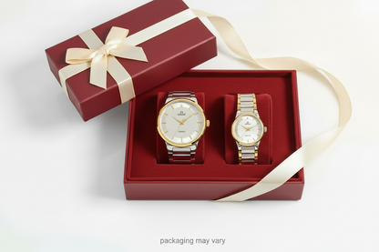 Omax Couple Watches – White Dial Silver & Gold Stainless Steel Strap Watch Set CPL05
