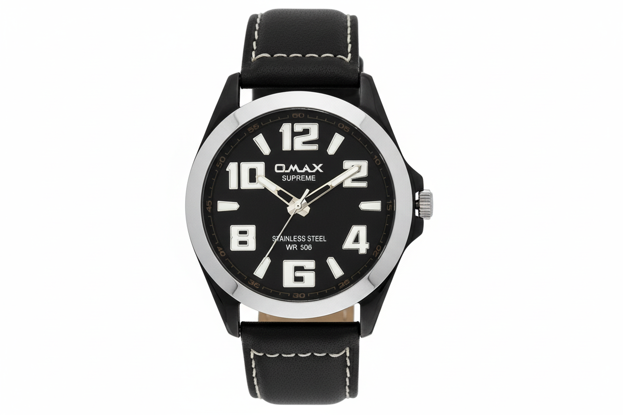 Omax Black Dial Black Genuine Leather Strap Wrist Watch for Men-SS138