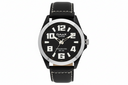 Omax Black Dial Black Genuine Leather Strap Wrist Watch for Men-SS138