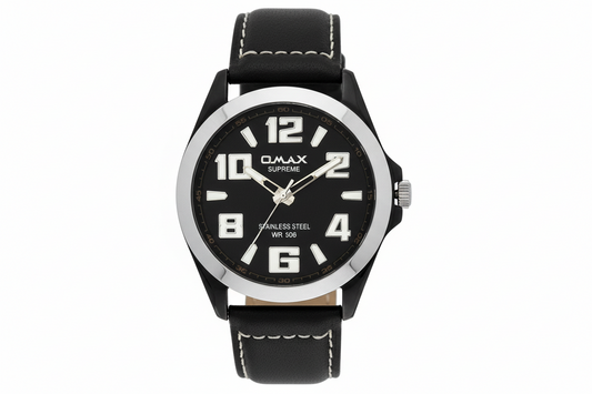 Omax Black Dial Black Genuine Leather Strap Wrist Watch for Men-SS138