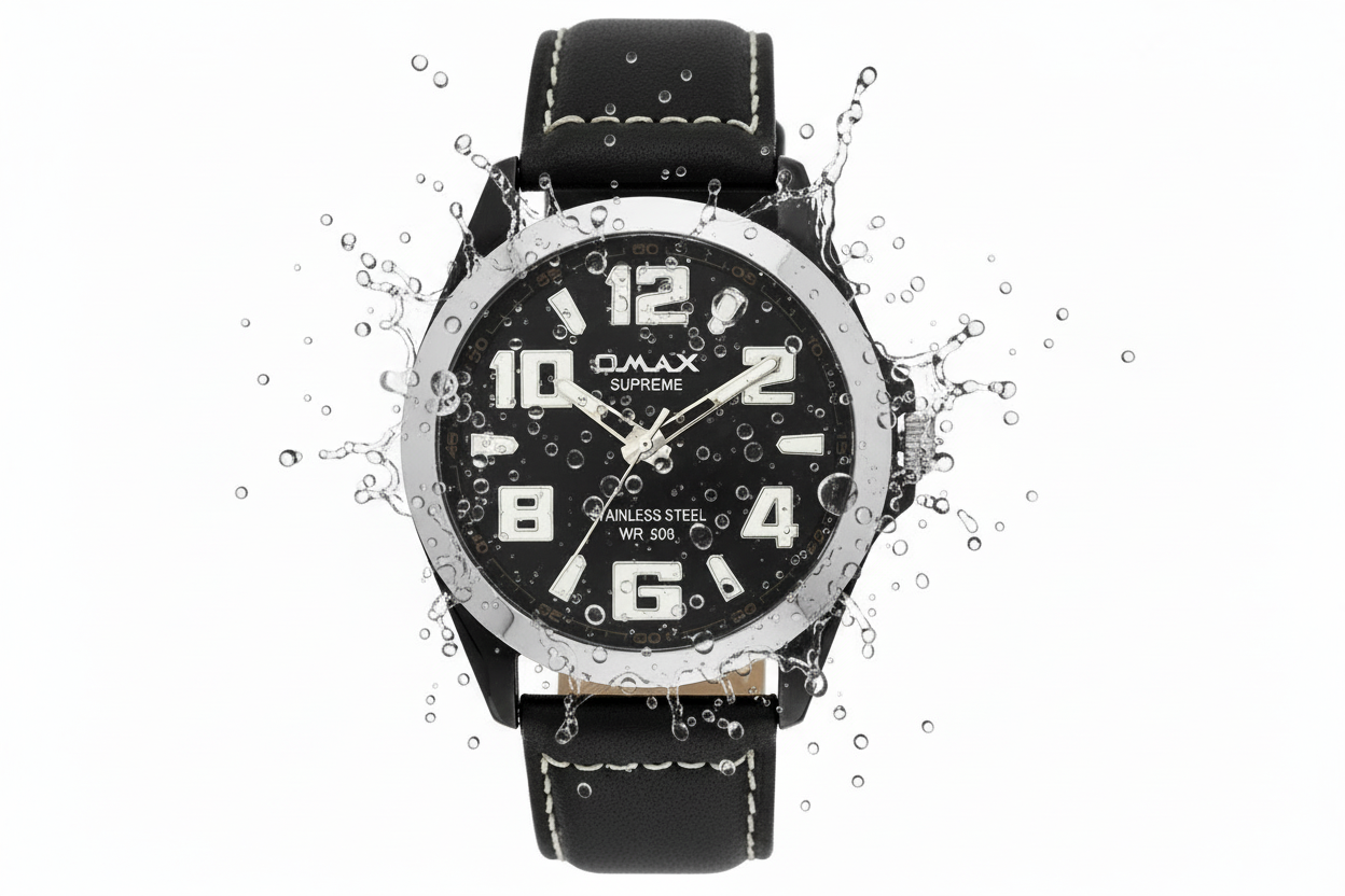 Omax Black Dial Black Genuine Leather Strap Wrist Watch for Men-SS138