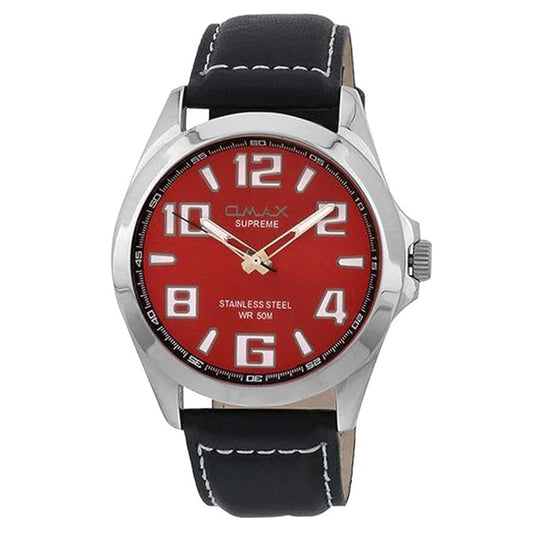 Omax Red Dial Silver Case with Black Genuine Leather Watch for Men SS143