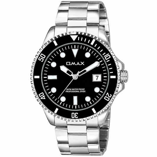 Omax Black Dial Silver Steel Watch for Men – Glow in Dark, Date | SS200