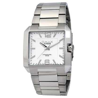 Omax Men's White Square Dial Silver Stainless Steel Watch – Analog, 38mm | SS298