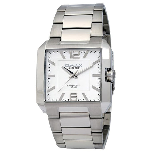 Omax White Square Dial Stainless Steel Silver Band watch for Men SS298