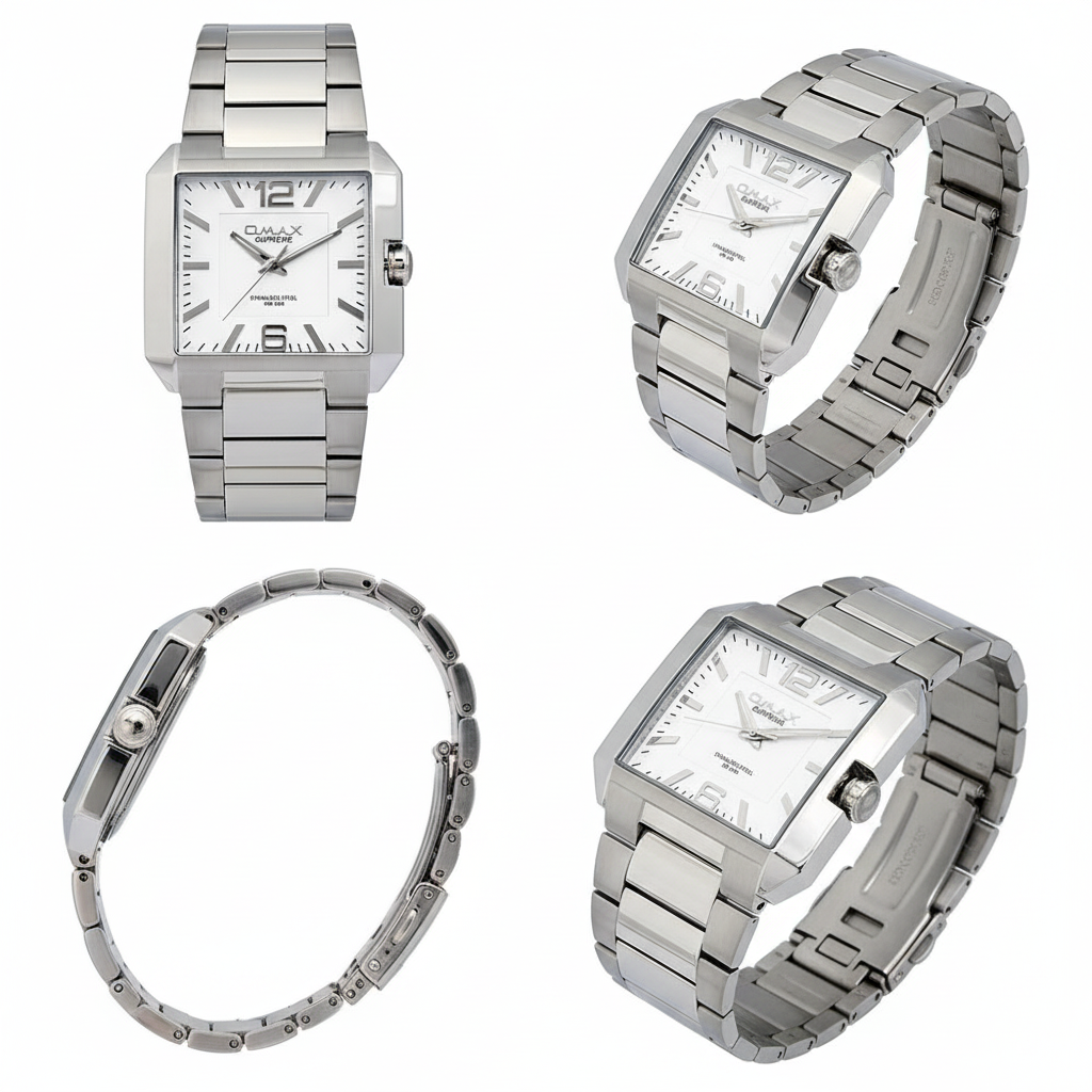 Omax Men's White Square Dial Silver Stainless Steel Watch – Analog, 38mm | SS298