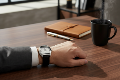 Omax Men's White Square Dial Black Genuine Leather Strap Formal Watch – Analog | SS304