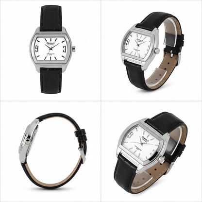 Omax Men's White Square Dial Black Genuine Leather Strap Formal Watch – Analog | SS304
