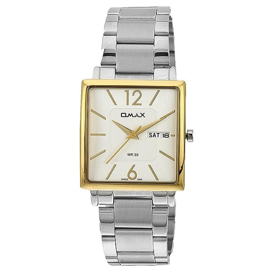 Omax White Sqaure Dial, Golden Case, Silver Stainless Steel Strap  Day Date Watch for Men SS386