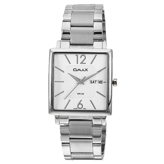 Omax White Sqaure Dial Silver Stainless Steel Strap Day Date Watch for Men SS390