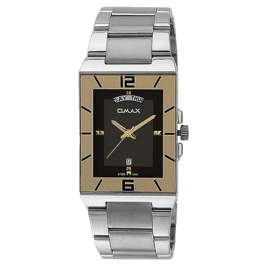 Omax Black Square Dial with Silver Stainless Steel Chain Day Date Watch for Men SS391