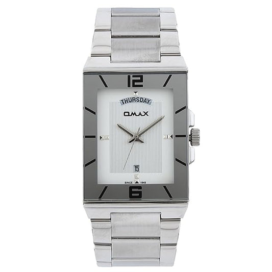 Omax White Square Dial with Silver Stainless Steel Chain Day Date Watch for Men SS392