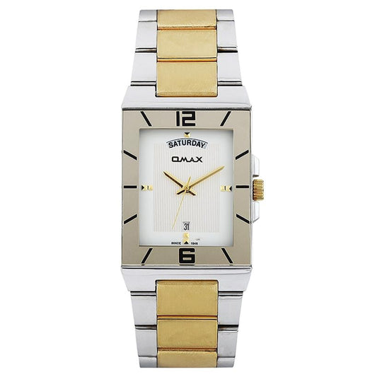 Omax White Square Day Date Dial, Stainless Steel Gold and Silver Chain Watch for men-SS394