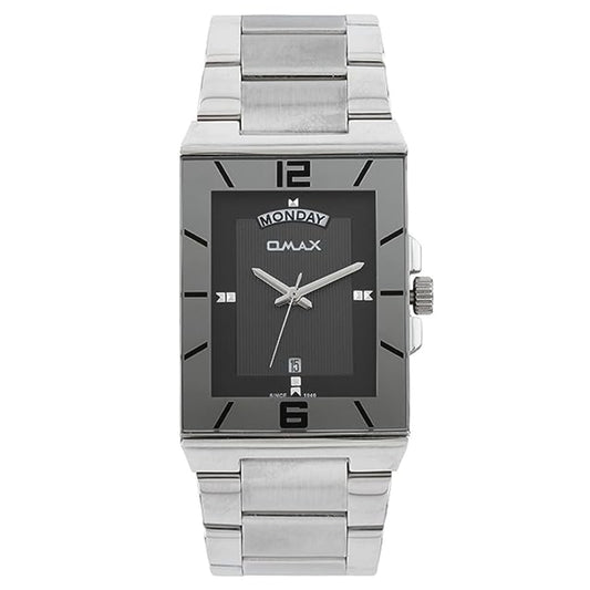 Omax Black Square Dial with Silver Stainless Steel Chain Day Date Watch for Men SS395