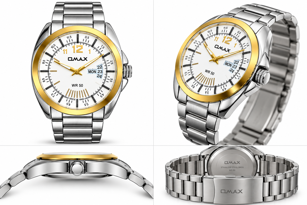 Omax White Dial Day Date Gold Bezel Stainless Steel Watch for Men – SS397