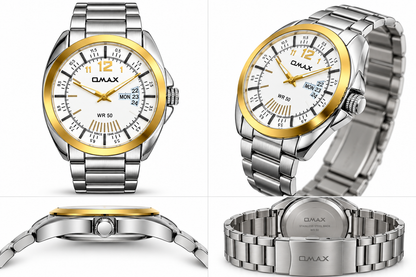 Omax White Dial Day Date Gold Bezel Stainless Steel Watch for Men – SS397