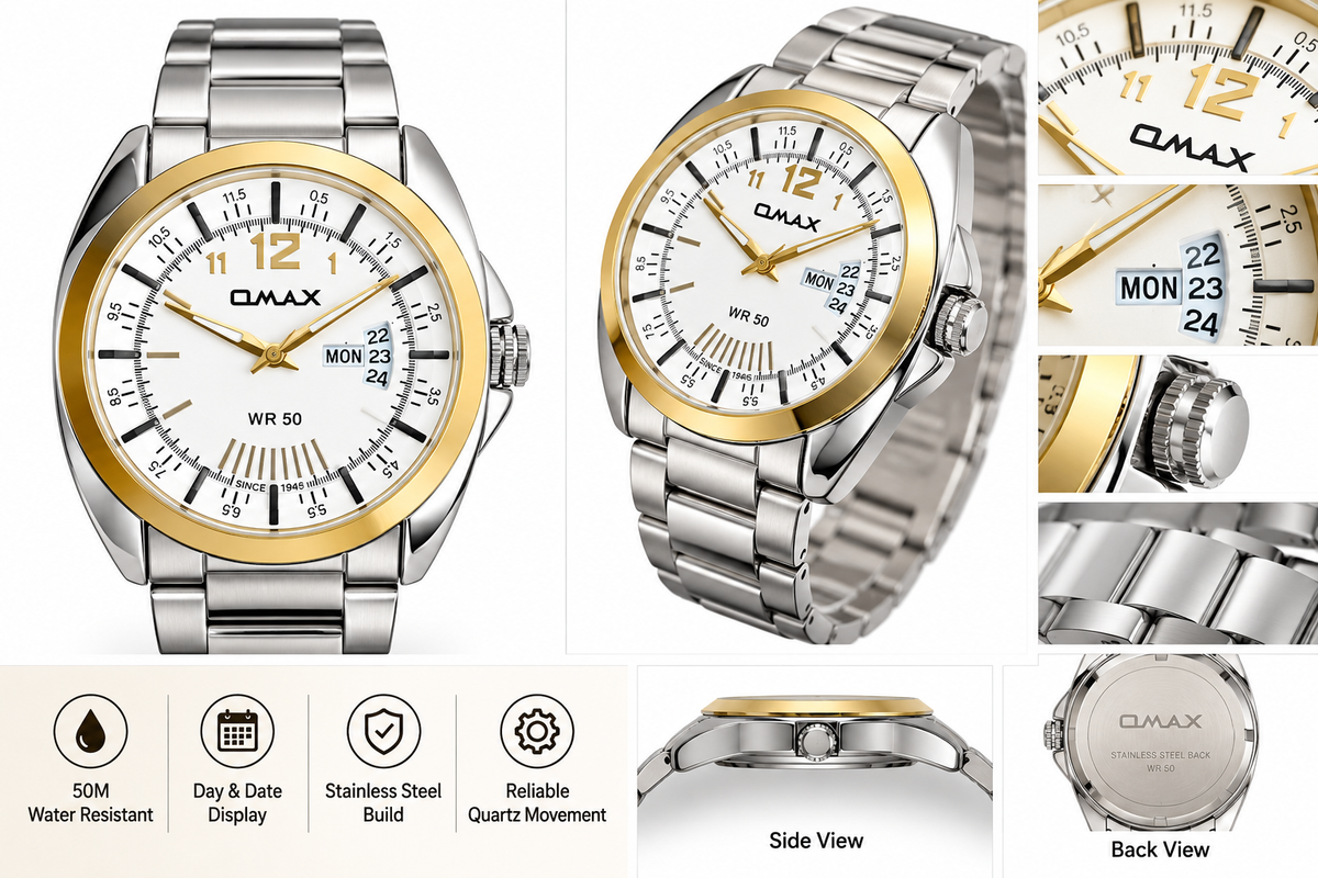 Omax White Dial Day Date Gold Bezel Stainless Steel Watch for Men – SS397