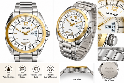 Omax White Dial Day Date Gold Bezel Stainless Steel Watch for Men – SS397