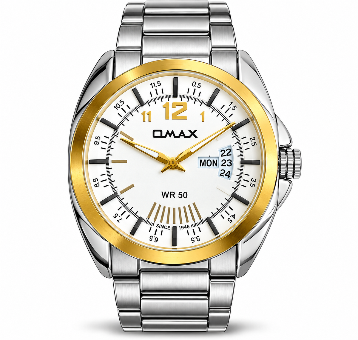Omax White Dial Day Date Gold Bezel Stainless Steel Watch for Men – SS397