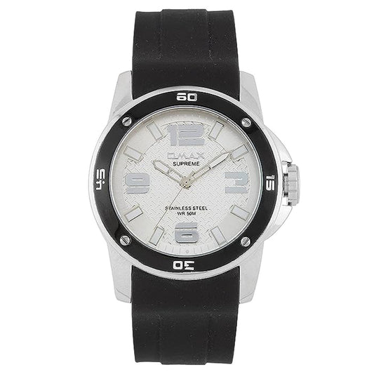 Omax White Dial Silver Case with Black Silicone Strap Watch for Men SS448