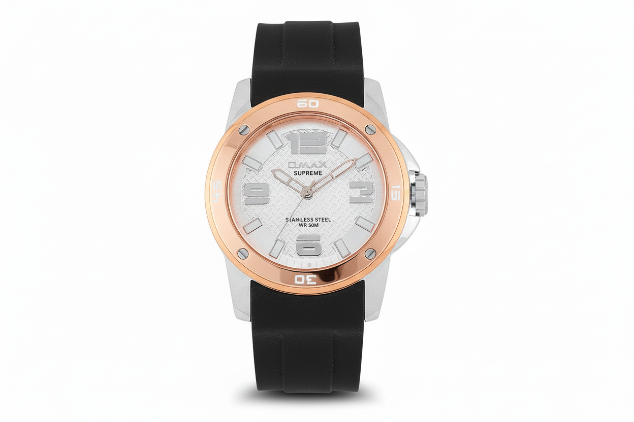 Omax Men's White Dial Black Silicone Strap Silver Case Watch – Analog, 45mm | SS448
