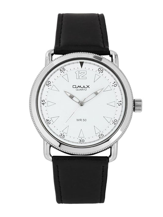 OMAX Analog White Dial Black Genuine Leather Strap Men's Watch - TS118