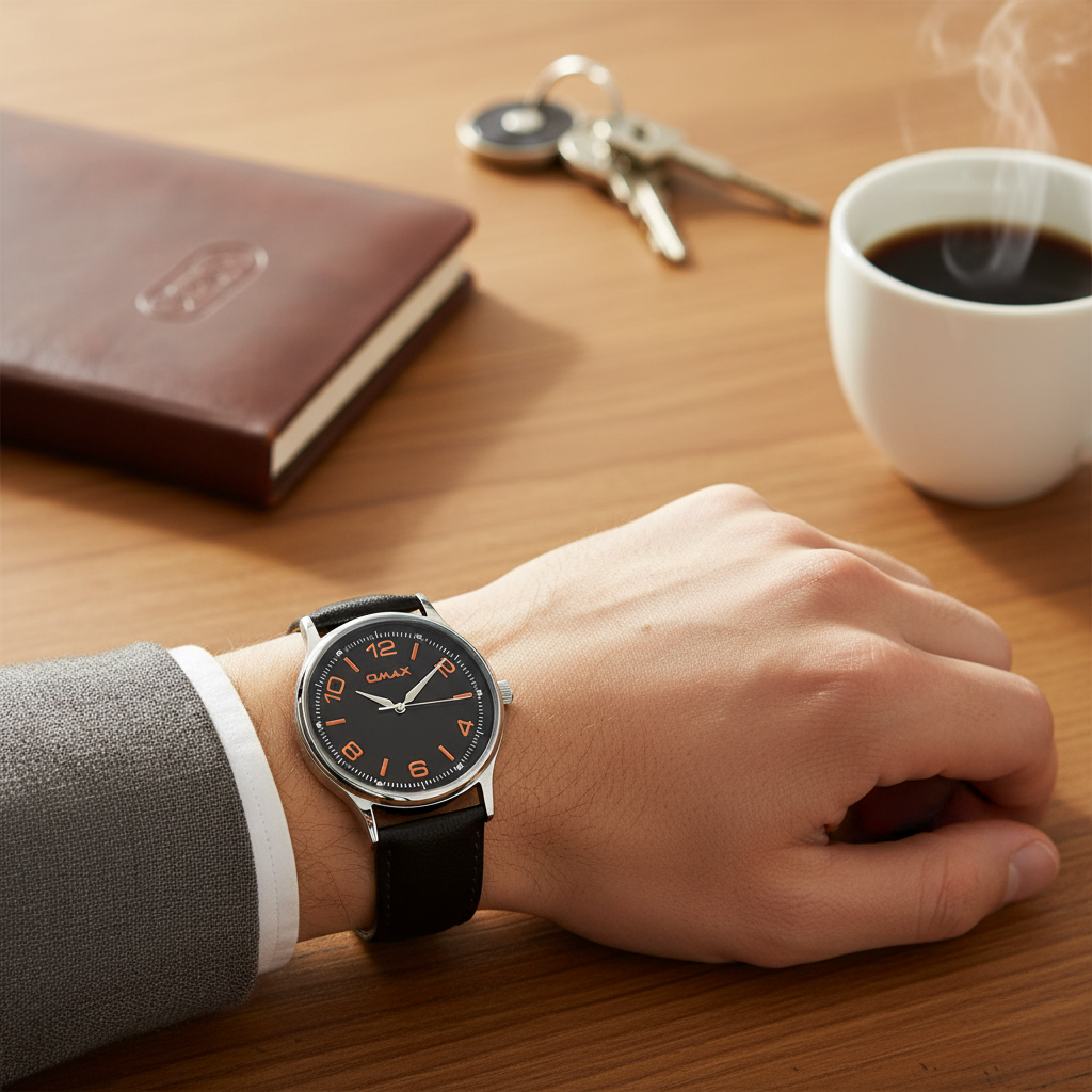 Omax Men's Black Dial Colored Index Watch with Black Genuine Leather Strap – TS494