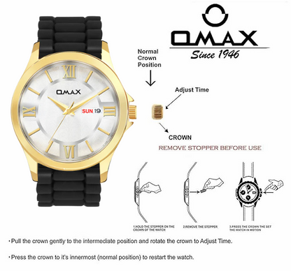 Omax analog White Dial, Golden Case with Black Log lasting Silicone Strap watch for Men BGS6515