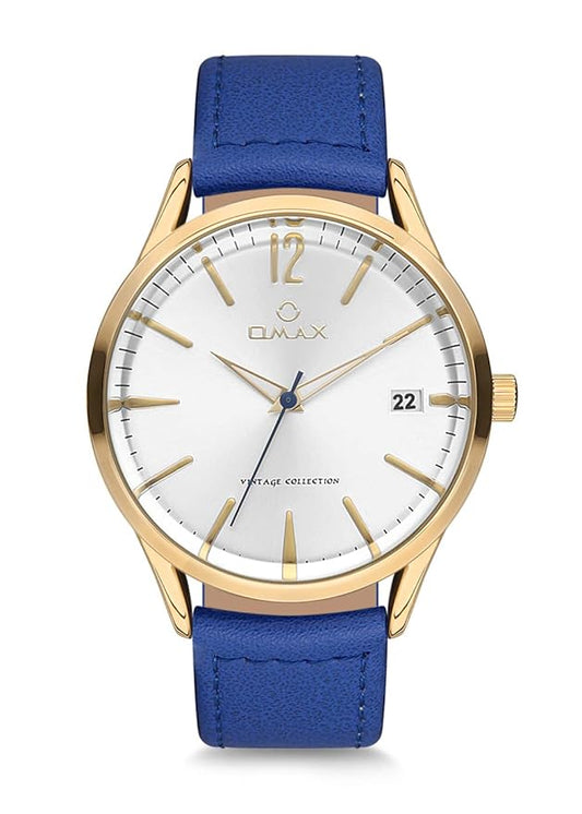 Omax White Dial Golden Case With Contrast Royal Blue Genuine Leather Strap Watch for Men-VC08G64I