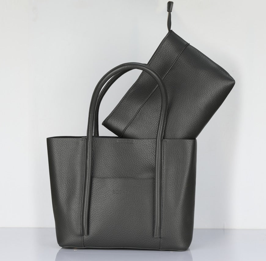 Black Handbag for Women with Matching Pouch – OMAX OMB-403 PU Leather Tote Bag - front view