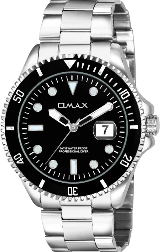 Omax Men's Black Luminous Dial Silver Steel Watch – Glow in Dark, Date, 42mm | SS200