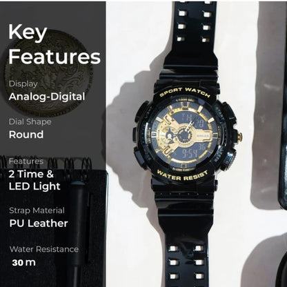 OMAX Analogue and Digital display Black Gold Resin Fiber Case Strap Watch for Men and Women-DS91920P