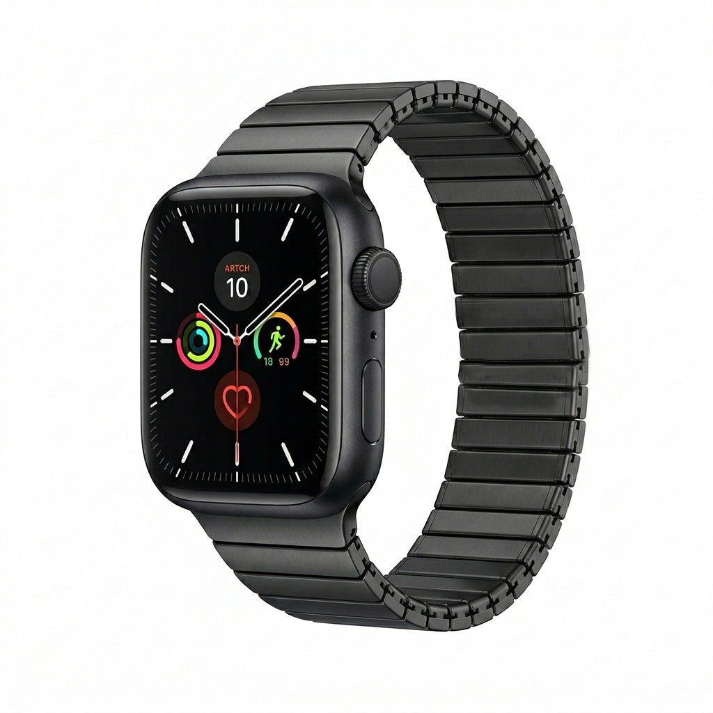 OMAX Stainless Steel Stretchable Elastic Solo Metal Chain Strap Band 49mm / 46mm / 45mm / 44mm Compatible with i Watch Ultra Series 10 9 8 7 6 5 SE 4 Black Strap-FMS120