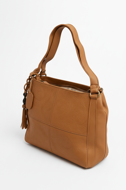 Tan Genuine Leather Handbag for Women – OMAX FL88 Embossed Shoulder Bag with Tassel