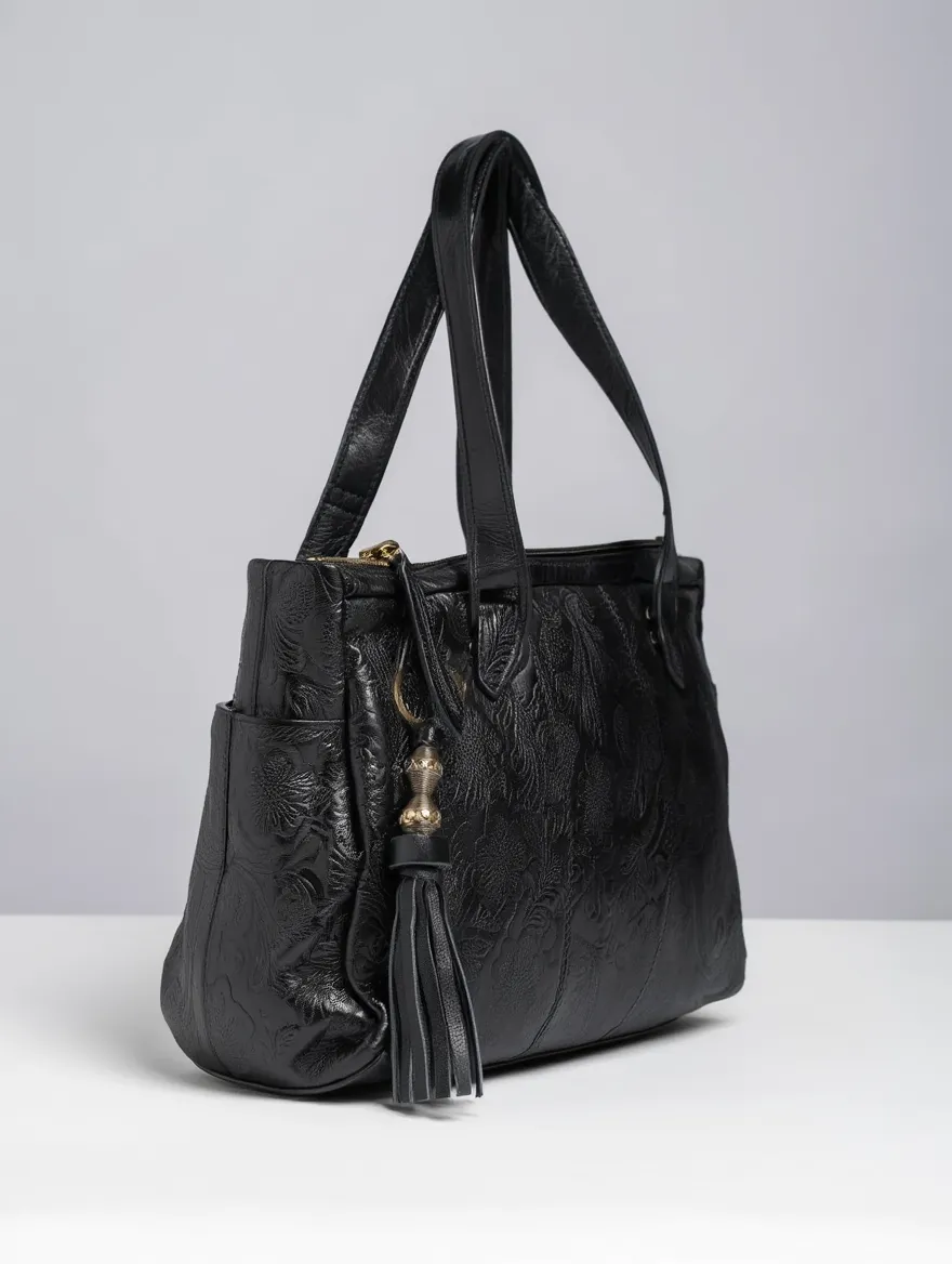 Black Genuine Leather Handbag for Women – OMAX FL88 Embossed Shoulder Bag with Tassel - side view