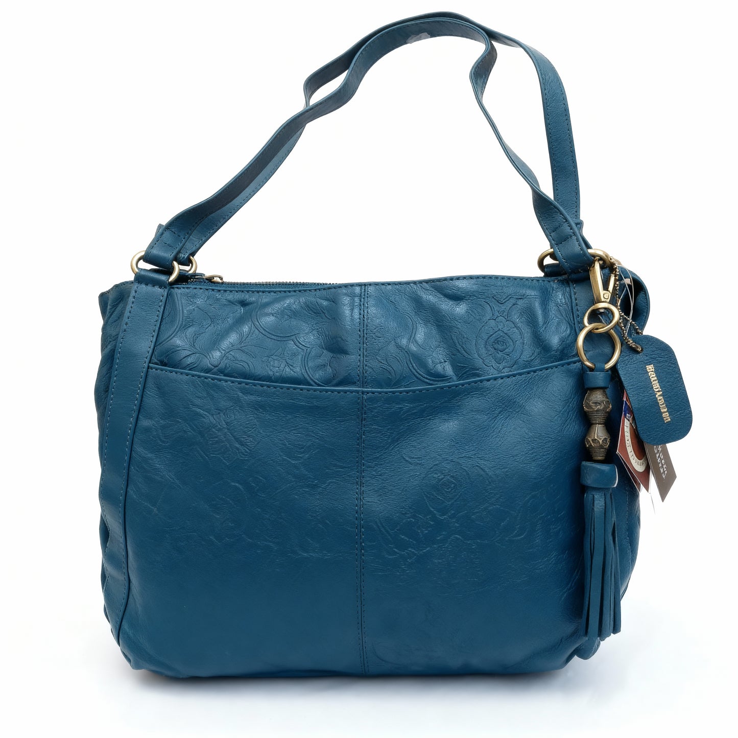 Blue Genuine Leather Handbag for Women – OMAX FL88 Embossed Shoulder Bag with Tassel - side view
