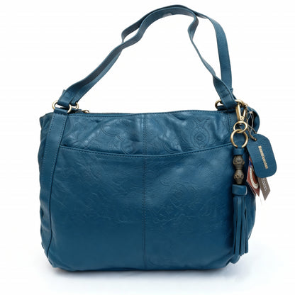 Blue Genuine Leather Handbag for Women – OMAX FL88 Embossed Shoulder Bag with Tassel - side view