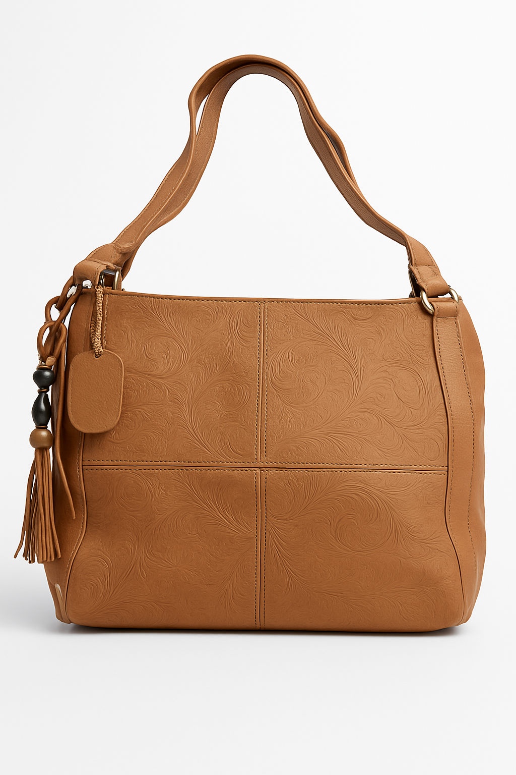 Tan Genuine Leather Handbag for Women – OMAX FL88 Embossed Shoulder Bag with Tassel