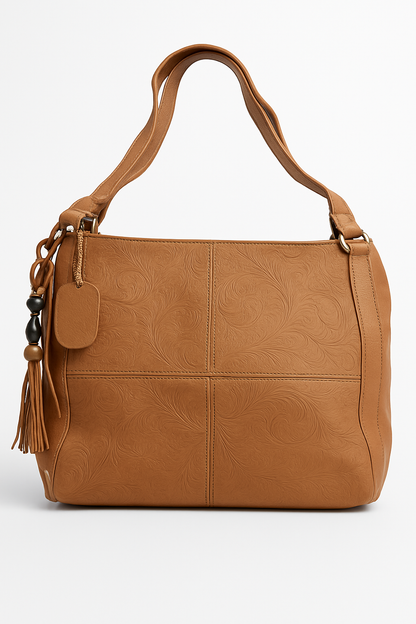 Tan Genuine Leather Handbag for Women – OMAX FL88 Embossed Shoulder Bag with Tassel