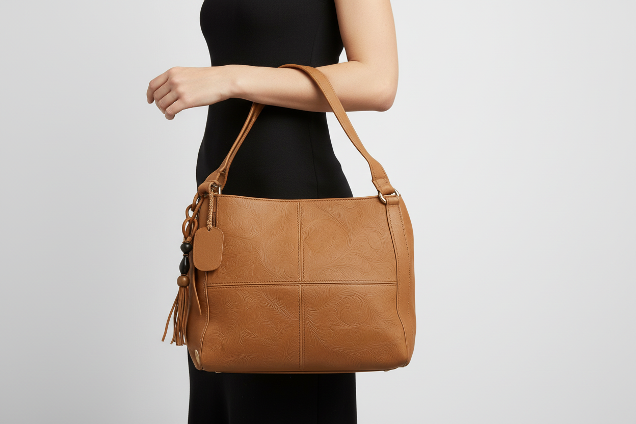 Tan Genuine Leather Handbag for Women – OMAX FL88 Embossed Shoulder Bag with Tassel