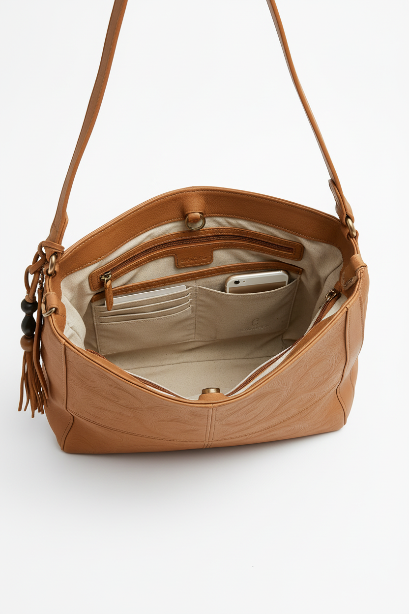 Tan Genuine Leather Handbag for Women – OMAX FL88 Embossed Shoulder Bag with Tassel