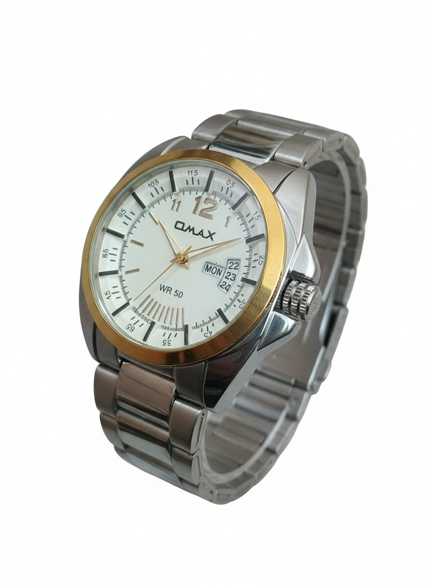 Omax White Dial Day Date Gold Bezel Stainless Steel Watch for Men – SS397