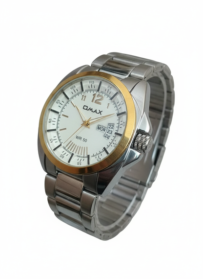 Omax White Dial Day Date Gold Bezel Stainless Steel Watch for Men – SS397