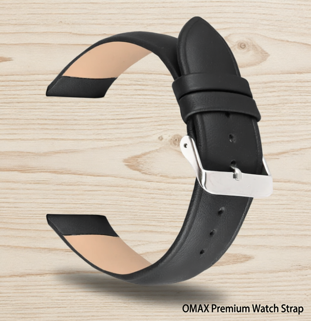 Omax Black Genuine Leather Watch Strap – Semi-Padded, 22mm, Silver Buckle | FS321