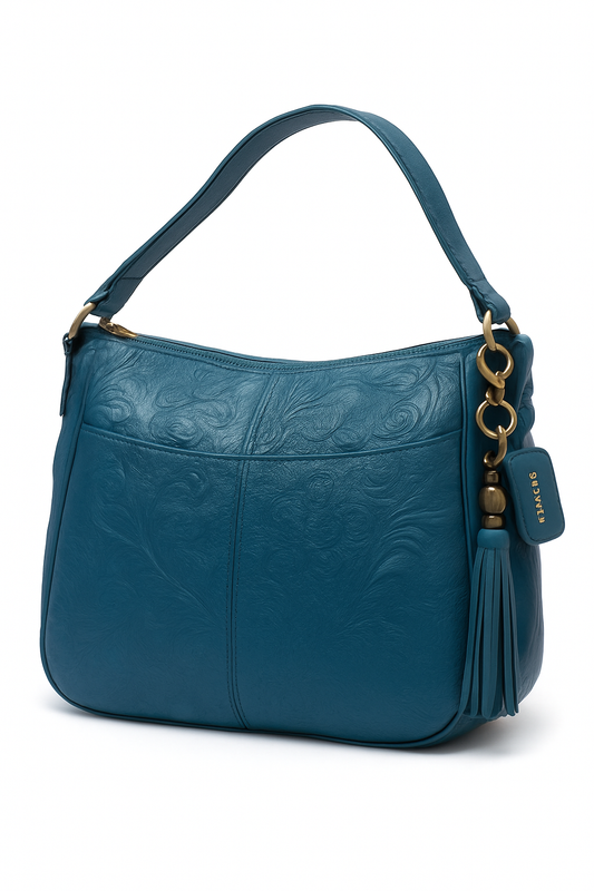 Blue Genuine Leather Handbag for Women – OMAX FL88 Embossed Shoulder Bag with Tassel - front view