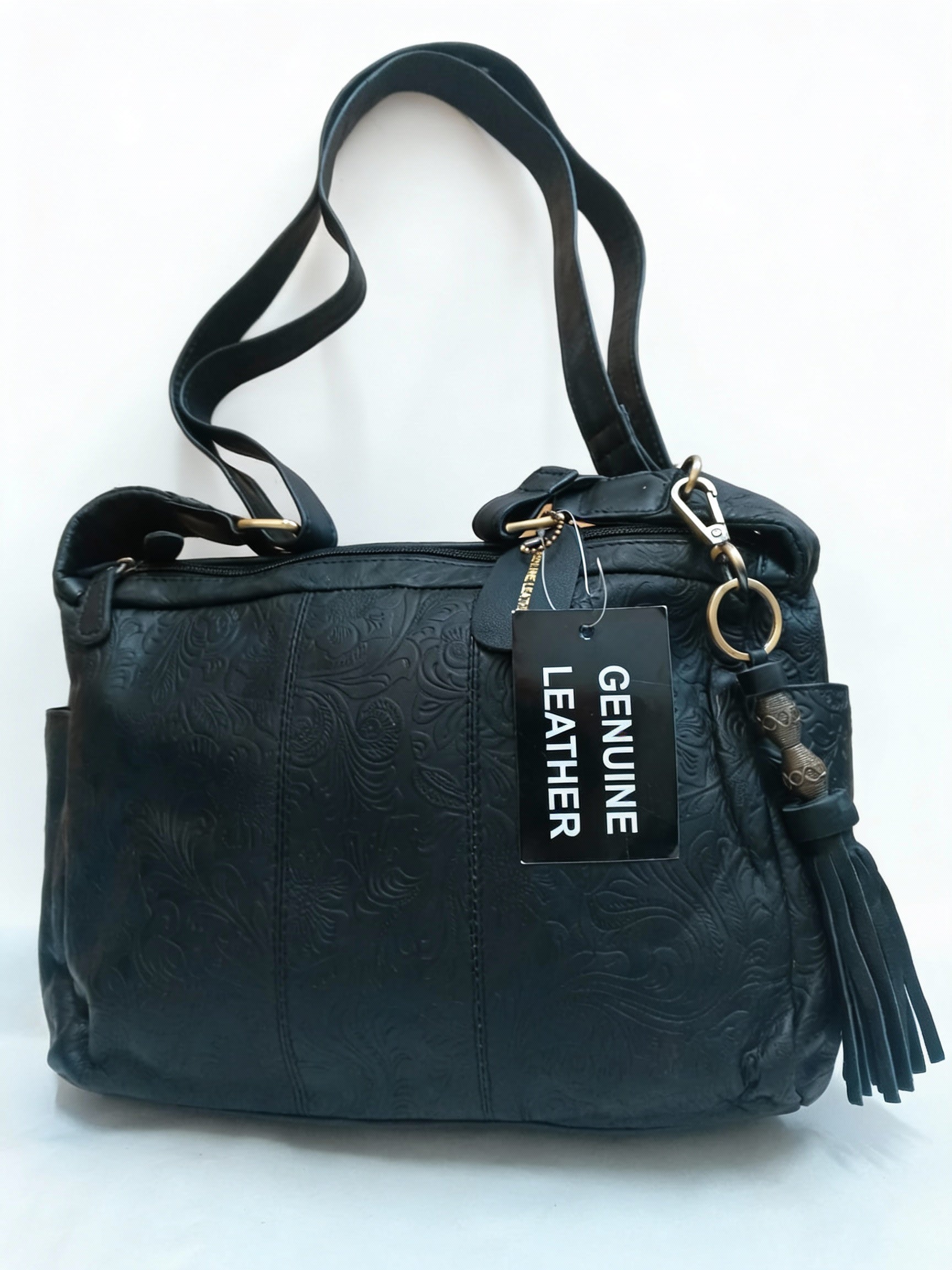 Black Genuine Leather Handbag for Women – OMAX FL88 Embossed Shoulder Bag with Tassel - front view