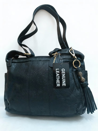 Black Genuine Leather Handbag for Women – OMAX FL88 Embossed Shoulder Bag with Tassel - front view