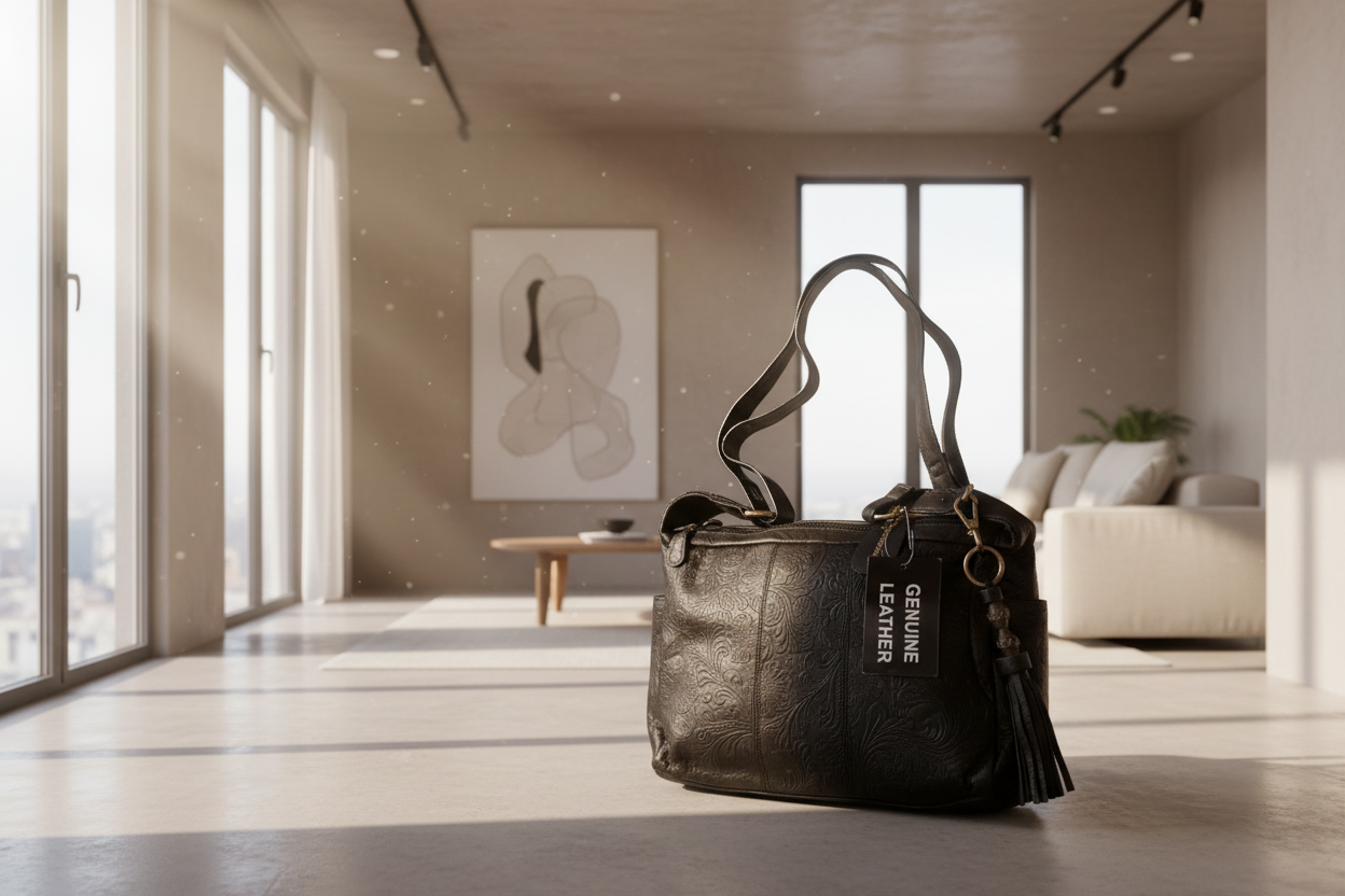 Black Genuine Leather Handbag for Women – OMAX FL88 Embossed Shoulder Bag with Tassel - detail view 2
