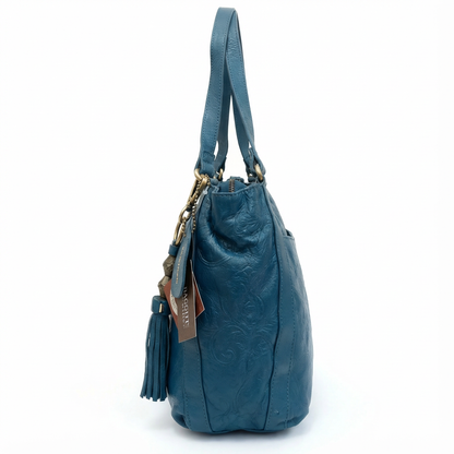 Blue Genuine Leather Handbag for Women – OMAX FL88 Embossed Shoulder Bag with Tassel - back view