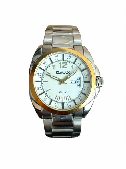 Omax White Dial Day Date Gold Bezel Stainless Steel Watch for Men – SS397